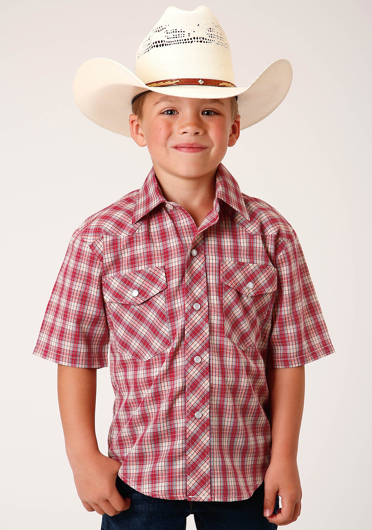 Boys Short Sleeve Snap Red And Multi Colored Small Scale Western Shirt