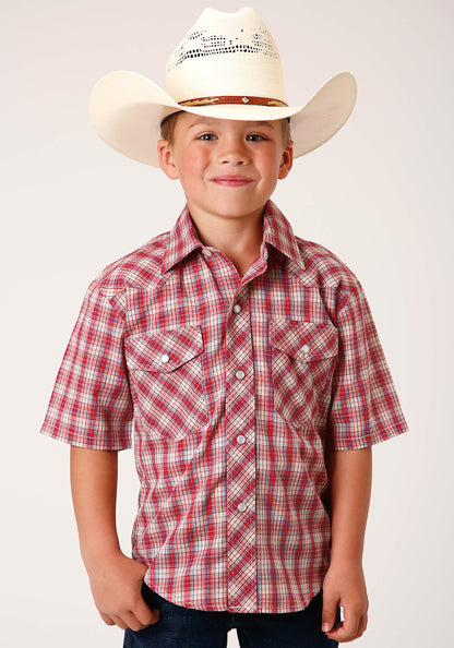 Boys Short Sleeve Snap Red And Multi Colored Small Scale Western Shirt