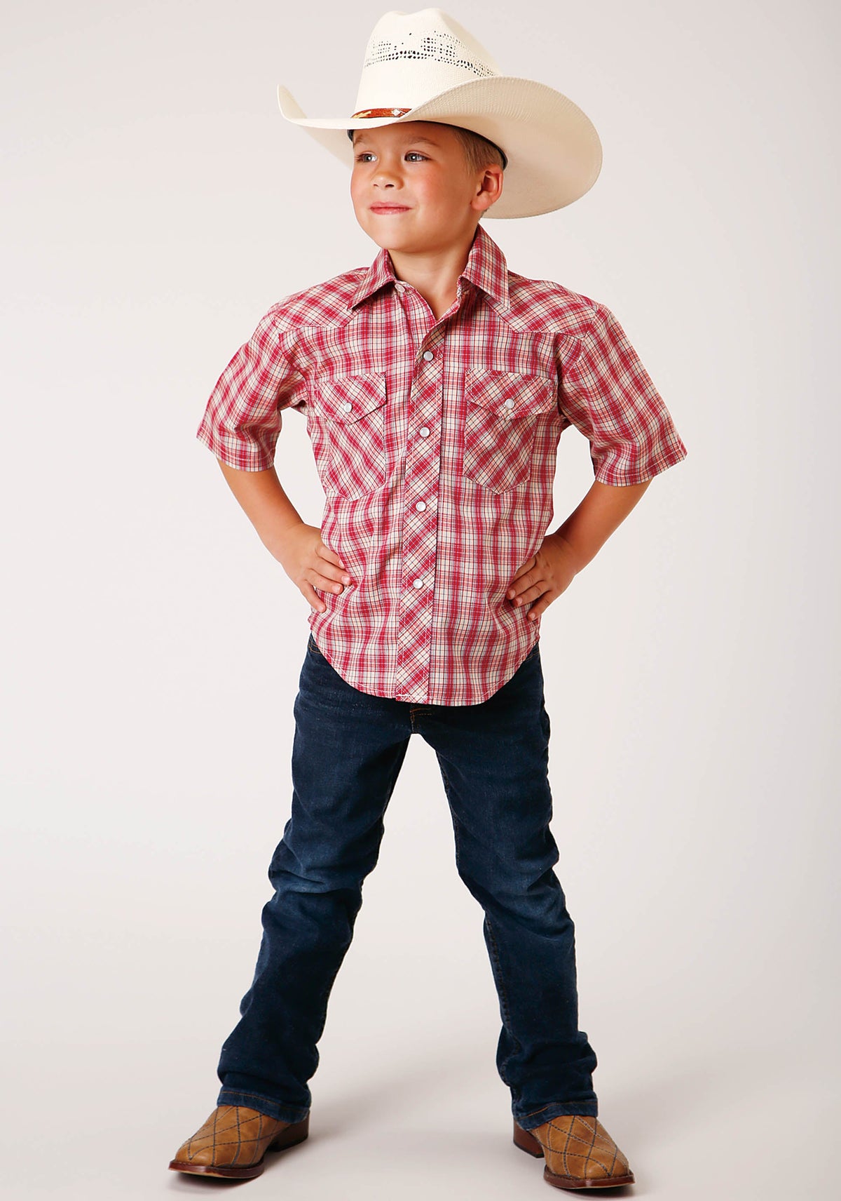 Boys Short Sleeve Snap Red And Multi Colored Small Scale Western Shirt