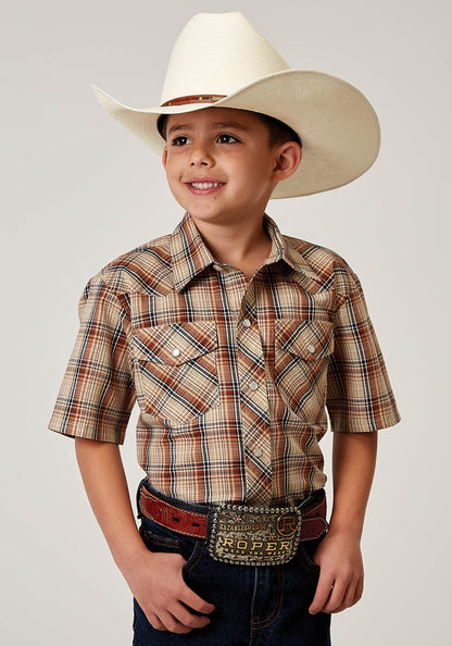 Boys Short Sleeve Snap Brown Plaid Western Shirt