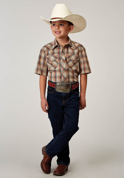 Boys Short Sleeve Snap Brown Plaid Western Shirt