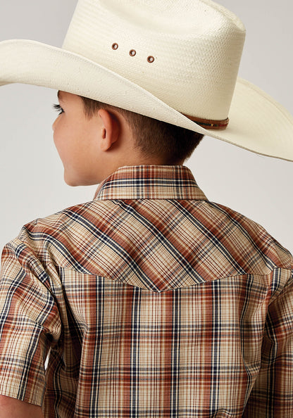 Boys Short Sleeve Snap Brown Plaid Western Shirt