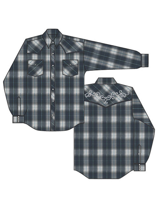 Womens Long Sleeve Snap Navy Grey  And Light Blue Lg Scale Plaid Western Sh