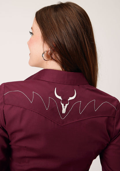 Womens Long Sleeve Snap Solid Broadcloth  Wine Western Shirt
