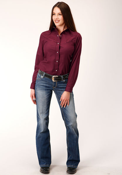 Womens Long Sleeve Snap Solid Broadcloth  Wine Western Shirt