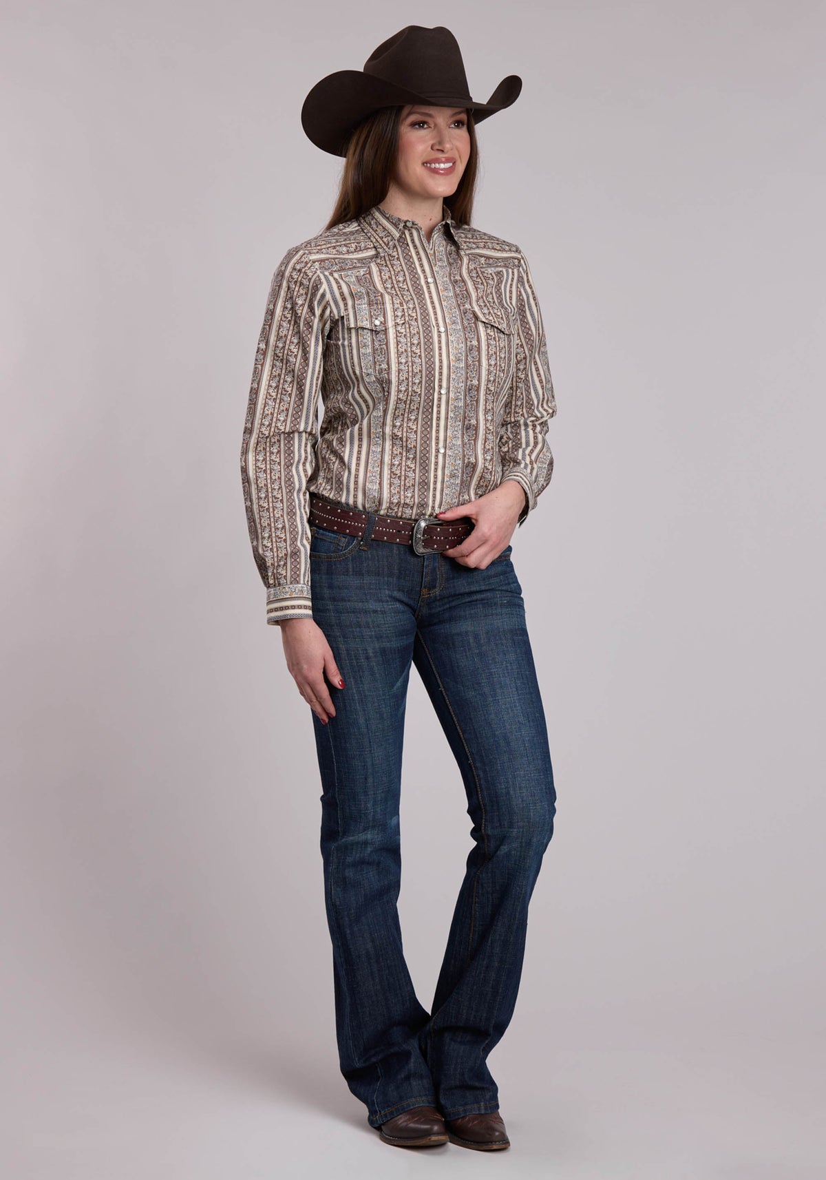 Womens Roper Brown And Grey And Cream Wallpaper Print Western Snap Shirt