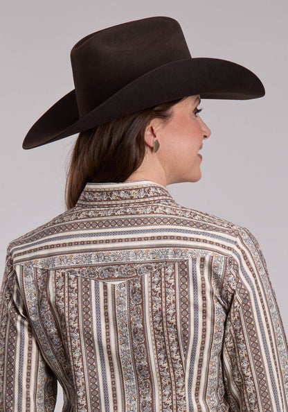 Womens Roper Brown And Grey And Cream Wallpaper Print Western Snap Shirt