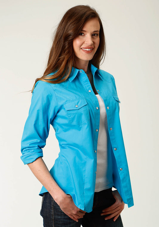 Womens Turquoise Solid Long Sleeve Snap Western Shirt