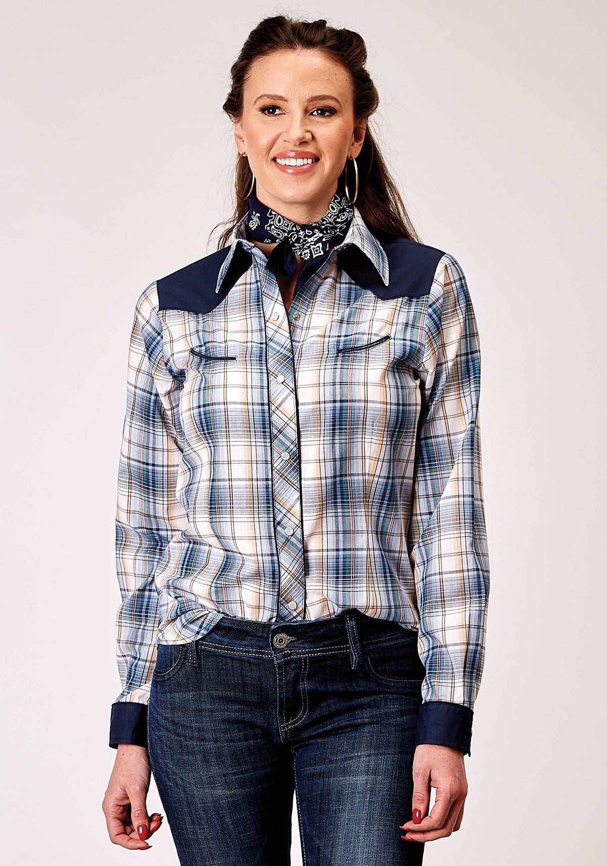 Womens Long Sleeve Snap Madris Plaid Plaid Western Shirt With Piping Solid
