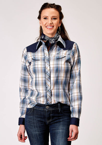 Womens Long Sleeve Snap Madris Plaid Plaid Western Shirt With Piping Solid