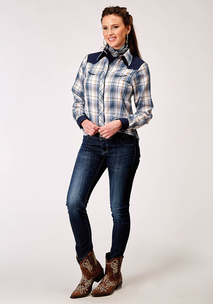 Womens Long Sleeve Snap Madris Plaid Plaid Western Shirt With Piping Solid