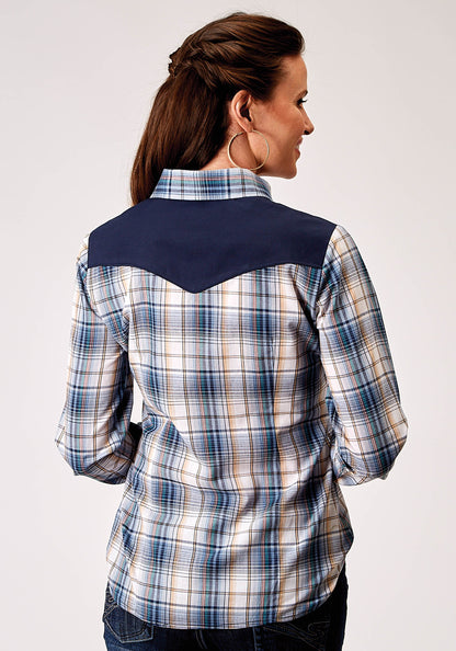 Womens Long Sleeve Snap Madris Plaid Plaid Western Shirt With Piping Solid