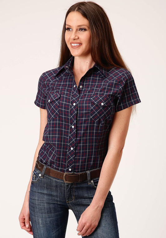 Womens Short Sleeve Snap Navy Red White Windowpane Plaid Western Shirt