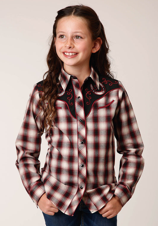 Girls Long Sleeve Snap Wine Black Cream Plaid Western Shirt With Piping And