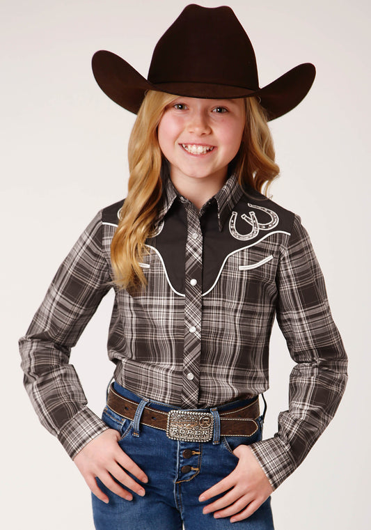 Girls Long Sleeve Snap Chocolate And Cream Plaid Western Shirt