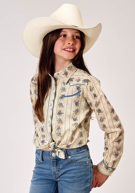 Girls Long Sleeve Snap Floral Stripe Western Shirt With Solid Piping On Fro