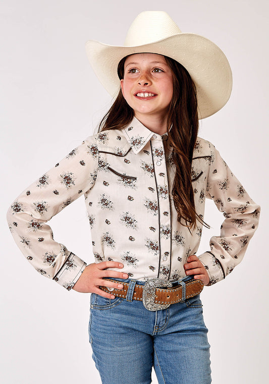 Girls Long Sleeve Snap Vintage Floral Western Shirt With Solid Piping On Fr