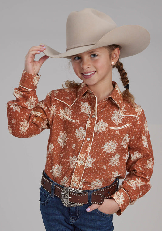 Girls Orange And Cream Floral Print Long Sleeve Snap Western Shirt