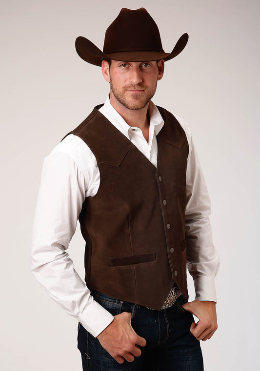 Mens Brown Suede Leather Vest With Western Front Yokes
