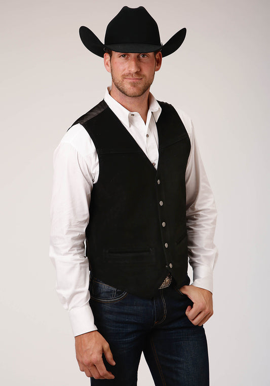 Mens Black Suede Leather Vest With Buckle Tie Big Man Fit