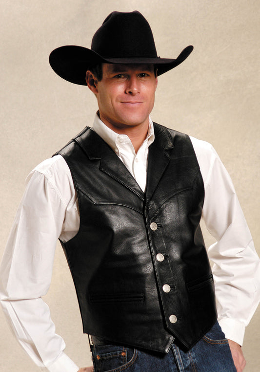 Mens Black Leather Notch Collar Vest