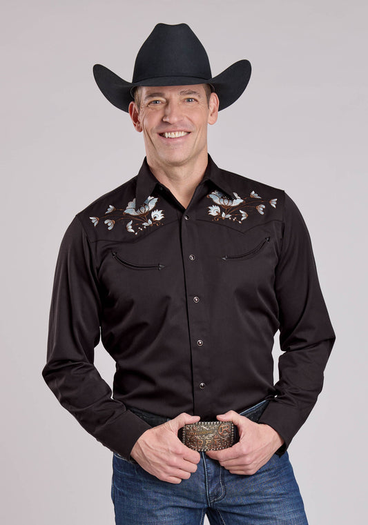 Mens Long Sleeve Snap Jet Black Poly Rayon Western Shirt