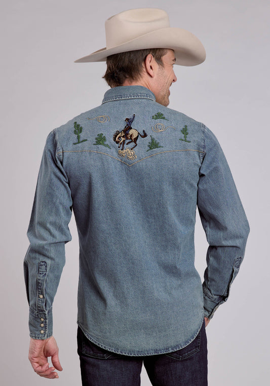 Mens Long Sleeve Snap Med Wash Denim Shirt W/ Bronc Rider Embroidered Weste