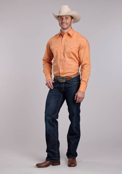 Mens Roper Solid Poplin Tangerine Long Sleeve Snap Shirt