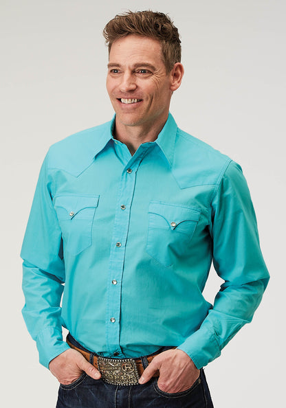 Mens Long Sleeve Snap Solid Poplin Turquoise Western Shirt