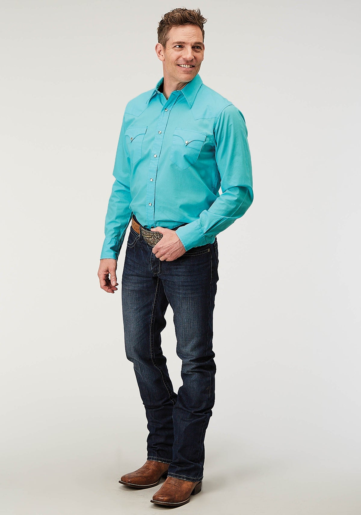Mens Long Sleeve Snap Solid Poplin Turquoise Western Shirt