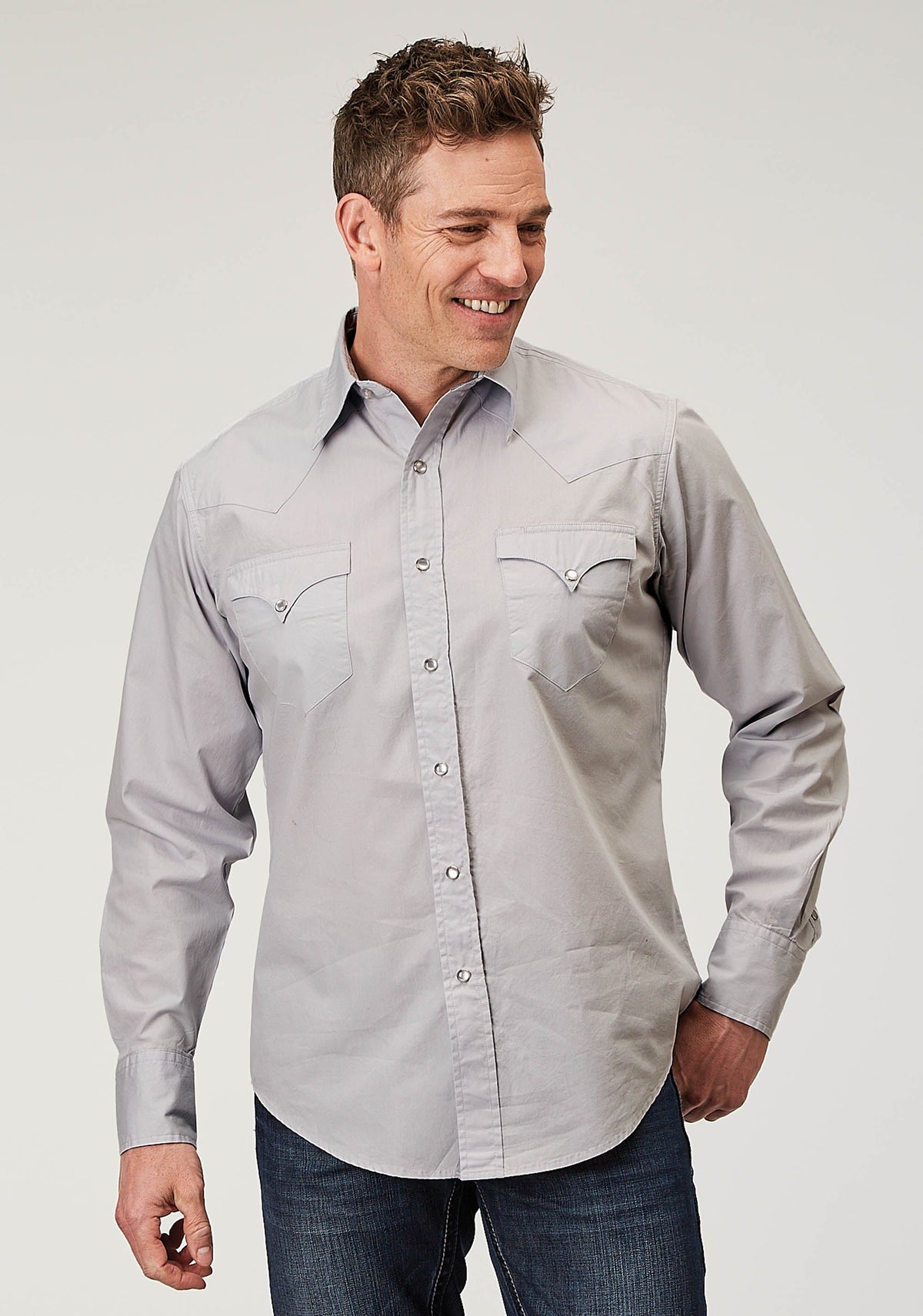 Mens Long Sleeve Snap Solid Poplin Grey Western Shirt