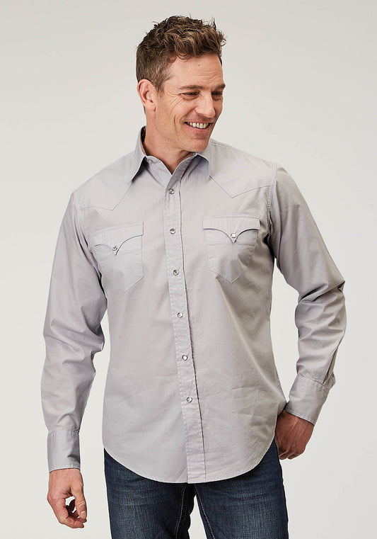 Mens Long Sleeve Snap Solid Poplin Grey Western Shirt