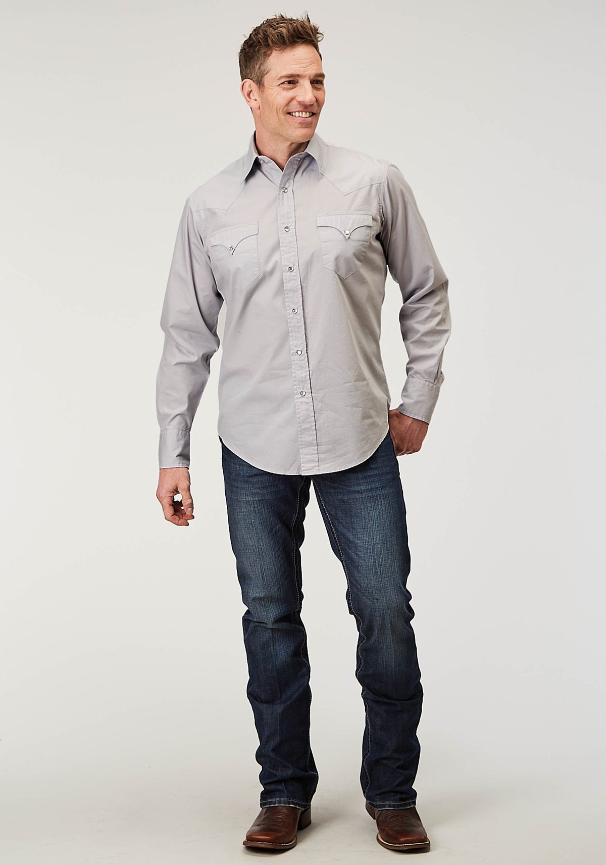 Mens Long Sleeve Snap Solid Poplin Grey Western Shirt