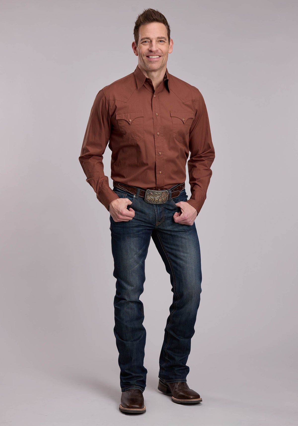 Mens Roper Solid Sienna Brown Western Snap Shirt