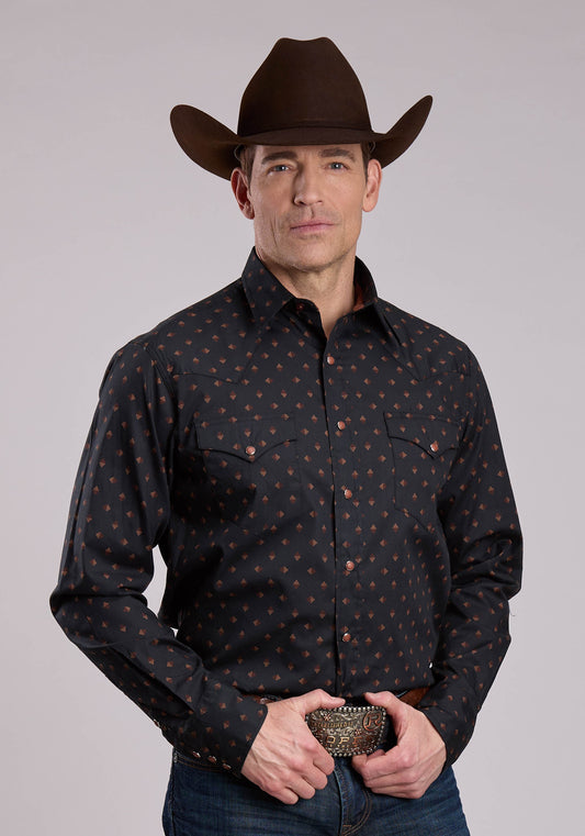 Mens Long Sleeve Snap Aztec Foulard Print Western Shirt