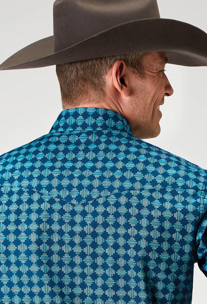 Mens Long Sleeve Snap Scribble Print Western Shirt