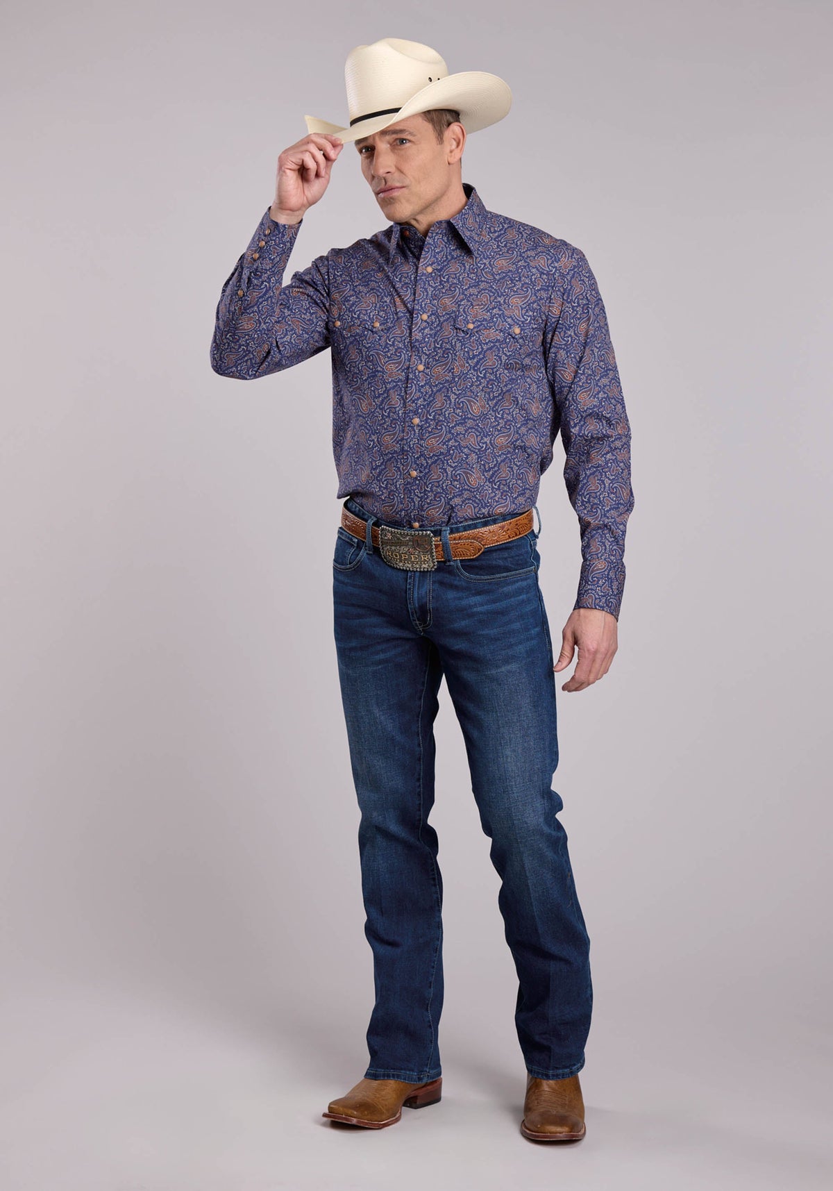 Mens Roper Vintage Paisley Print Long Sleeve Snap Shirt