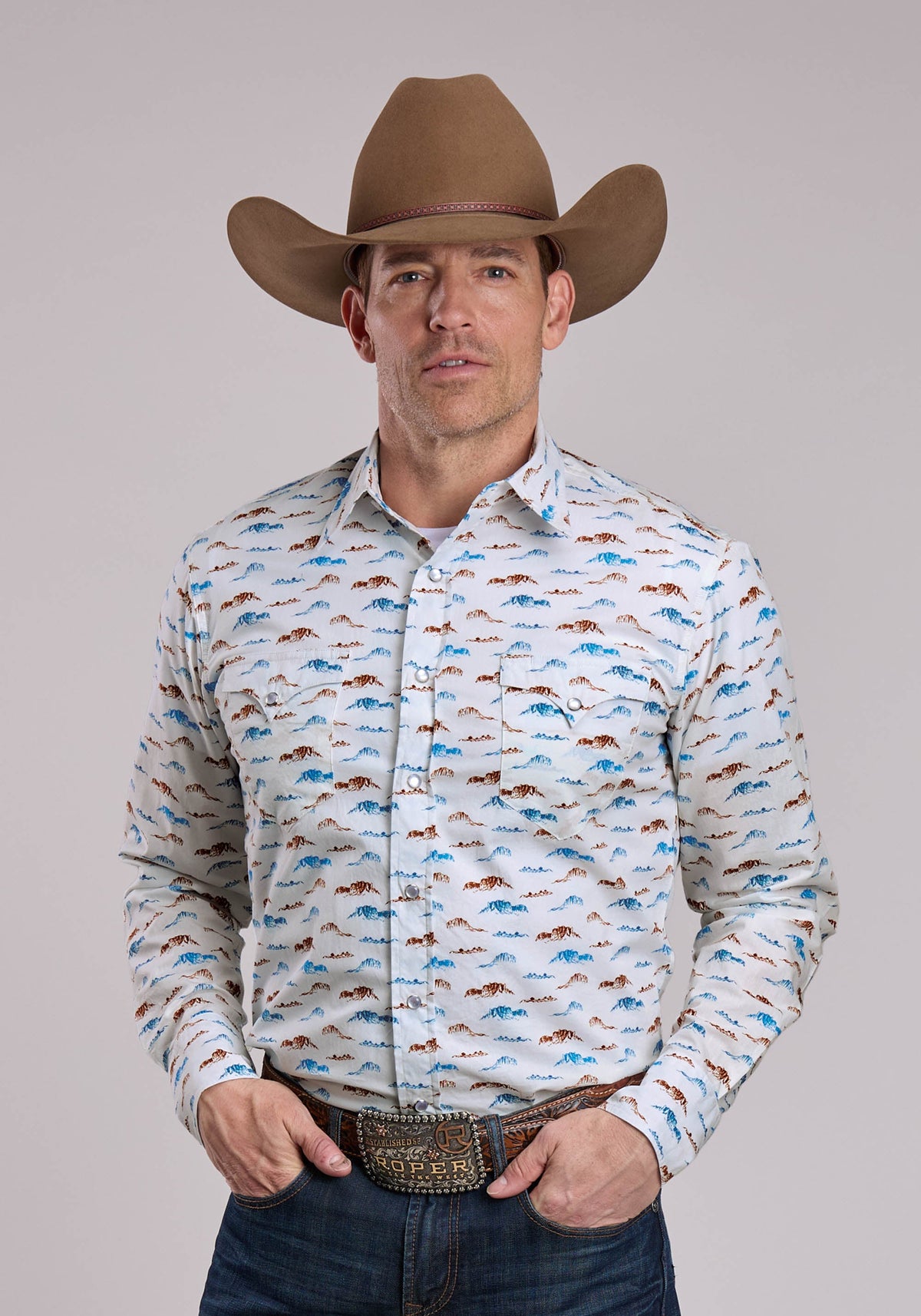 Mens Roper Mesas Print Long Sleeve Snap Shirt