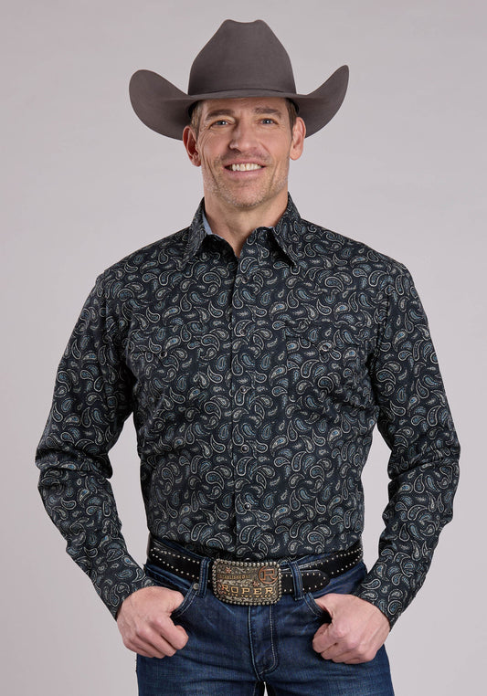 Mens Long Sleeve Snap Paisley Stamps Western Shirt