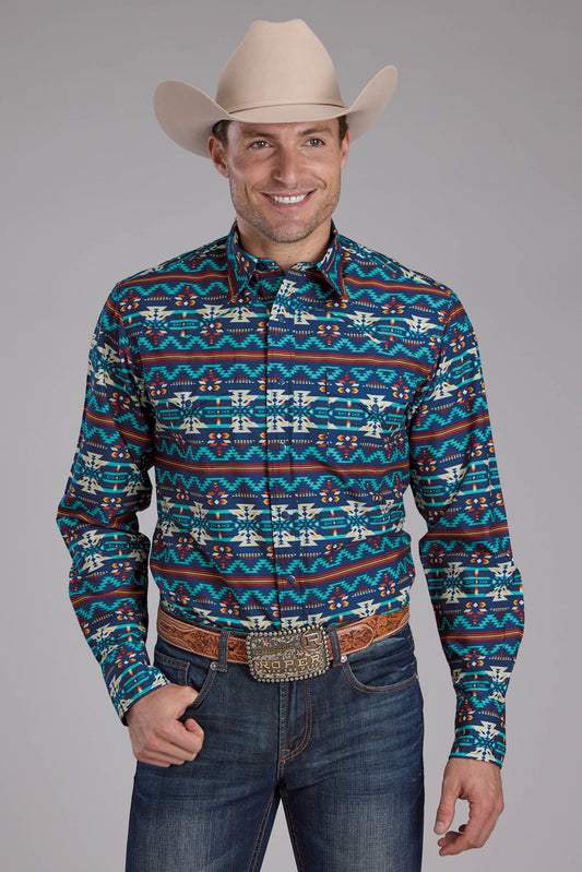 Mens Roper Horizontal Navajo Aztec Print Long Sleeve Snap Shirt
