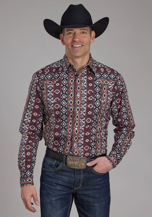 Mens Winter Aztec Print Long Sleeve Snap Western Shirt