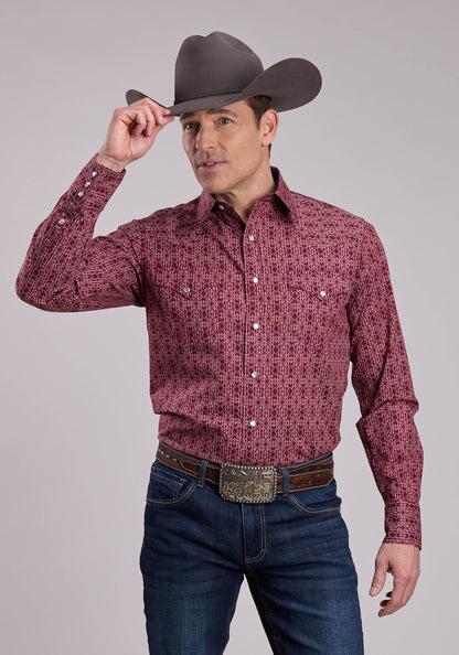 Mens Long Sleeve Snap Linear Aztec Print Western Shirt