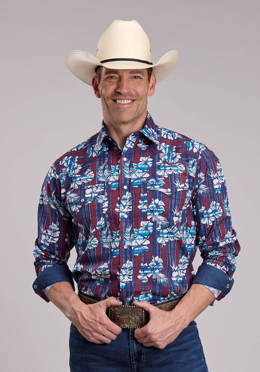 Mens Roper Distressed Tropical Aztec Print Long Sleeve Snap Shirt