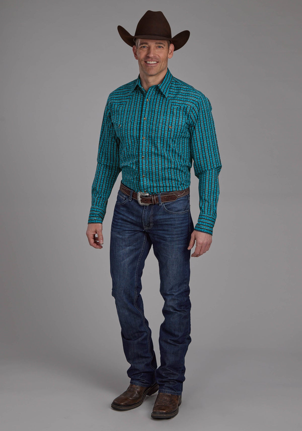 Mens Micro Aztec Print Long Sleeve Snap Western Shirt