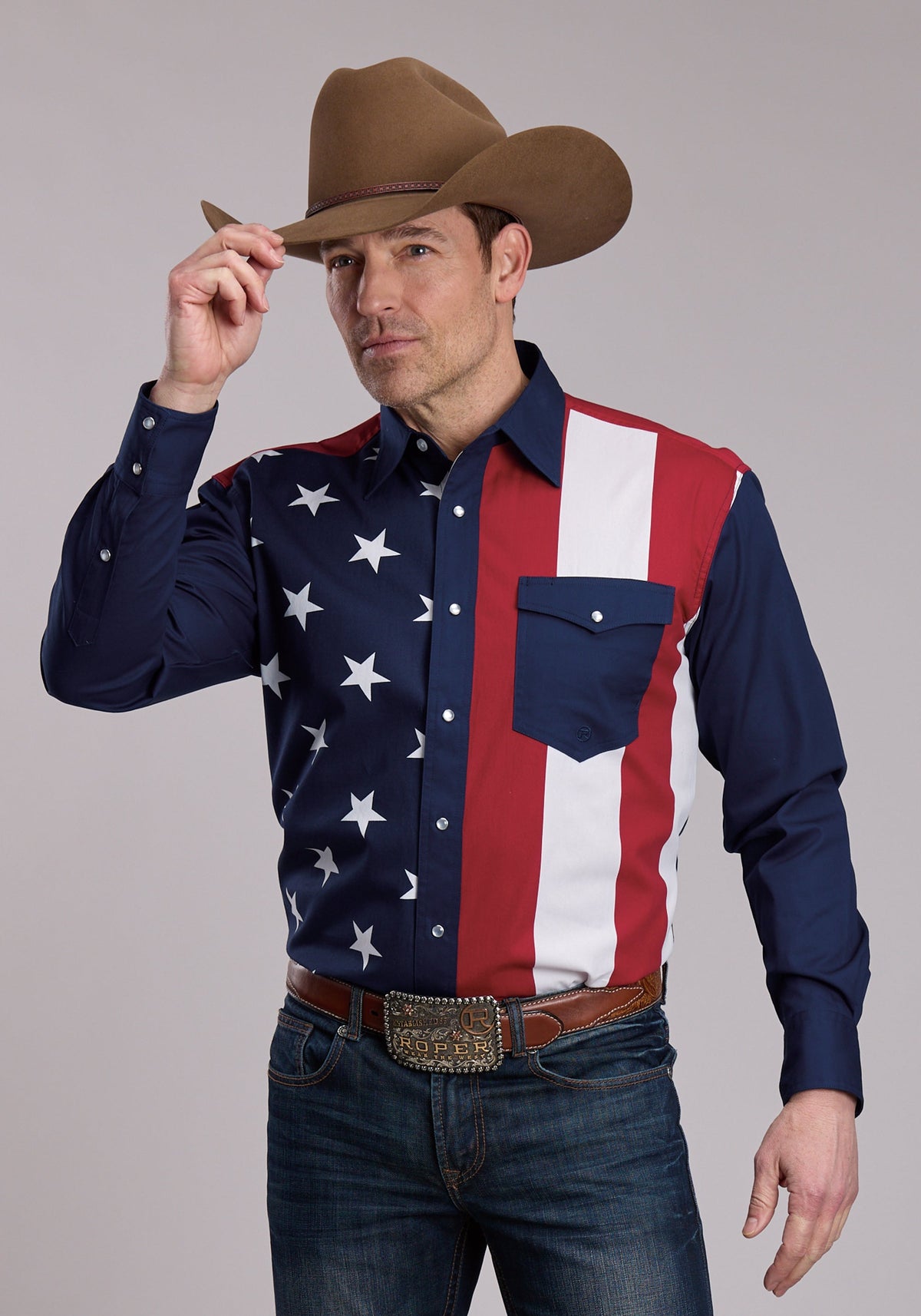 Mens Roper Vertical Stars And Stripe Print Western Snap Shirt