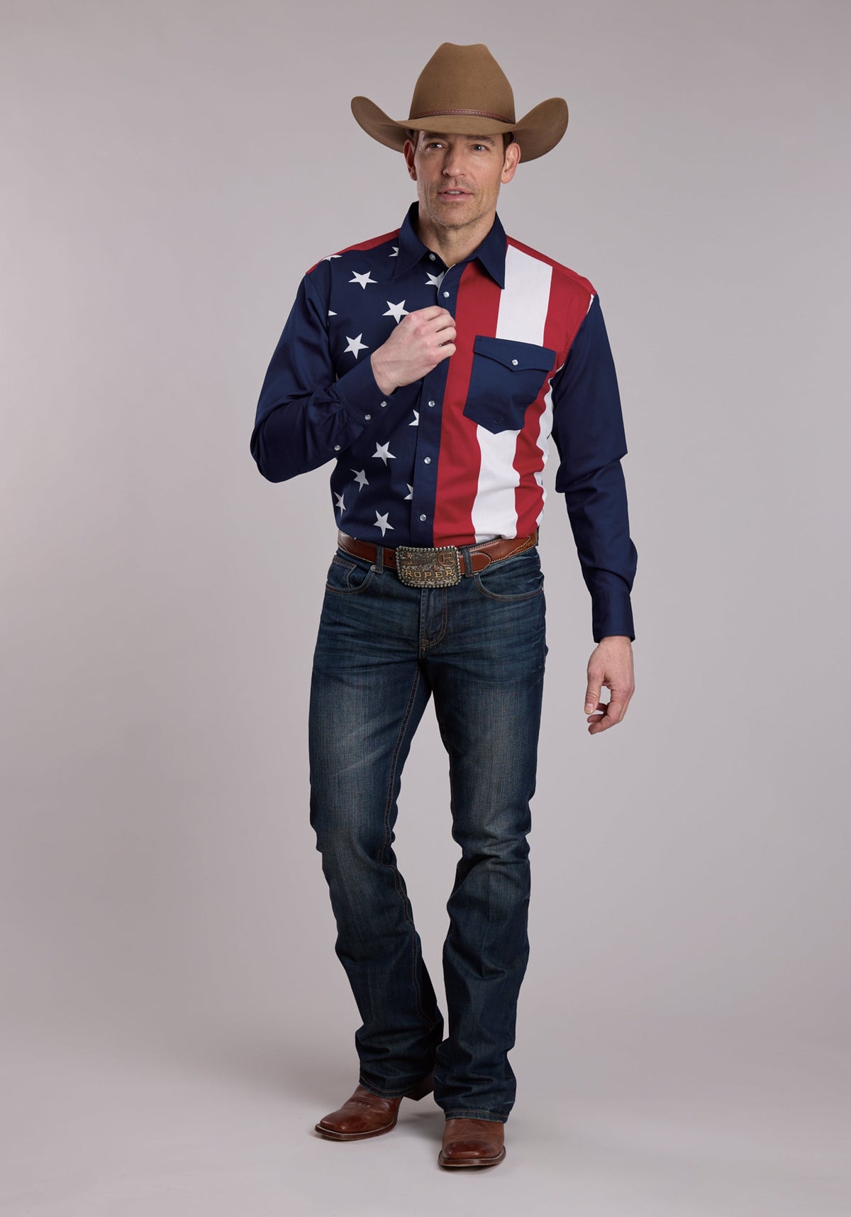 Mens Roper Vertical Stars And Stripe Print Western Snap Shirt