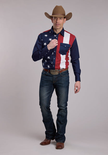 Mens Roper Vertical Stars And Stripe Print Western Snap Shirt