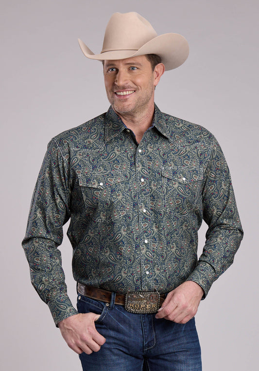 Mens Long Sleeve Snap Forest Paisley Western Shirt