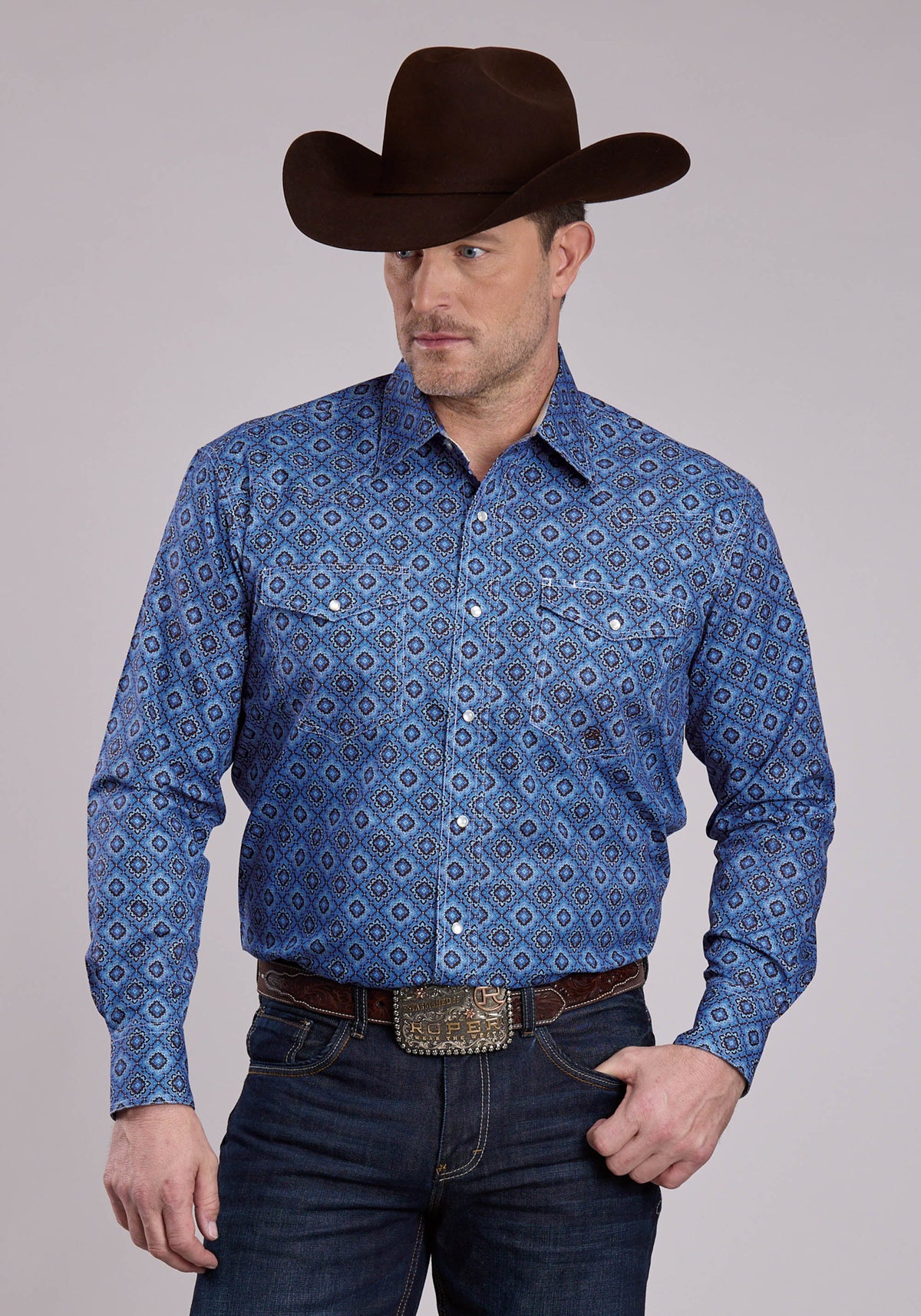 Mens Long Sleeve Snap Vintage Blue Medallion Paisley Western Shirt