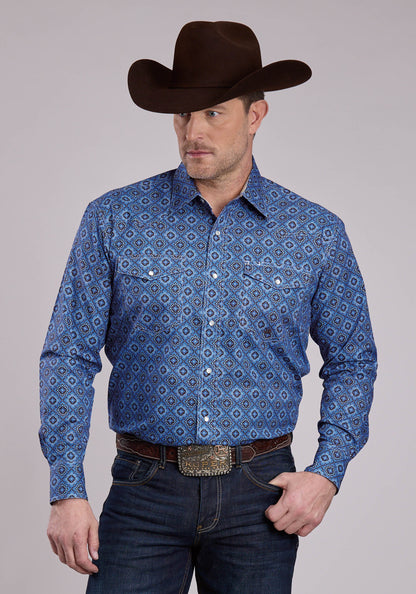Mens Long Sleeve Snap Vintage Blue Medallion Paisley Western Shirt